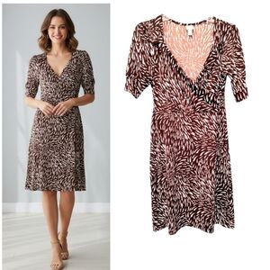 Faux Wrap Midi Dress Women's Sz S Brown White Stretch Knit Short Sleeve Career